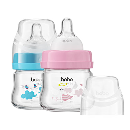 YOHKOH Glass Baby Bottles with Slow Flow Nipple, Newborn Anti-Colic Baby Bottles for 0+ Months, Wide Neck Feeding Bottle, Clear (Red, 2.7oz (Pack of 2))