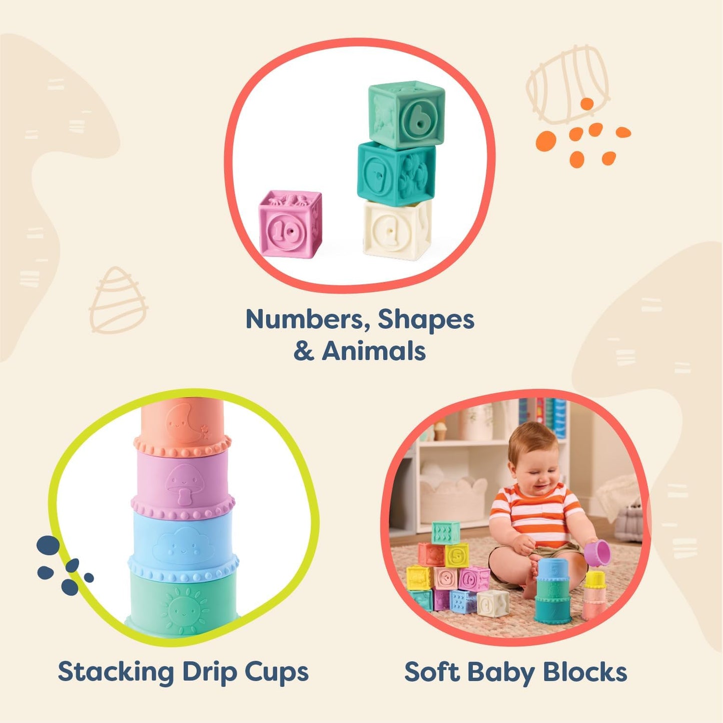 B. toys – Sensory Baby Toys – Soft Baby Blocks – Stacking Drip Cups – Numbers, Shapes & Animals – 6 Months + – Stackin' Squishies