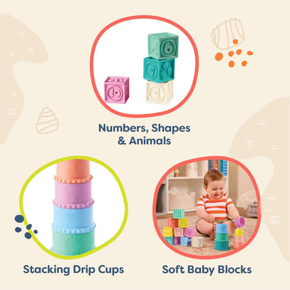B. toys – Sensory Baby Toys – Soft Baby Blocks – Stacking Drip Cups – Numbers, Shapes & Animals – 6 Months + – Stackin' Squishies
