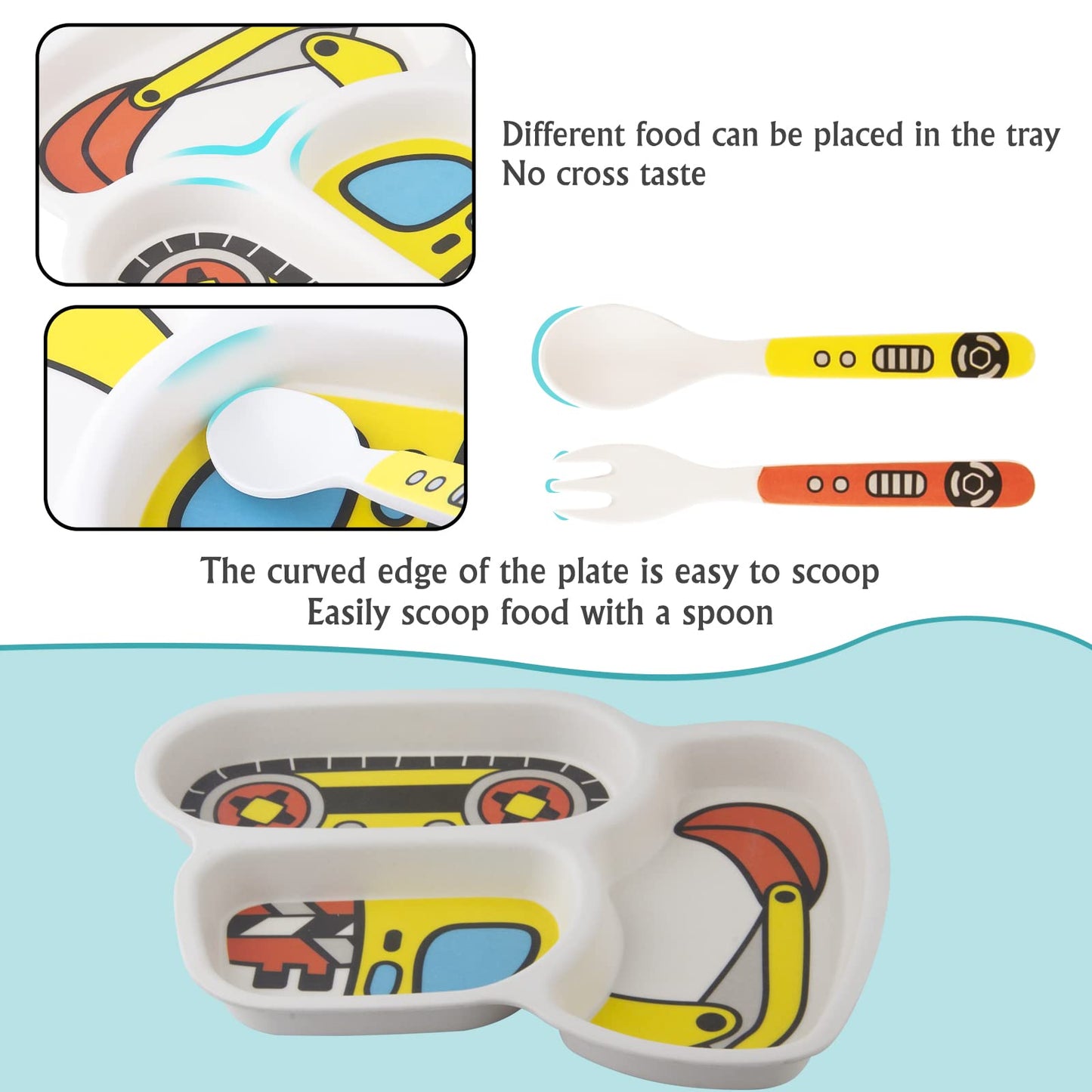 Kids Plate Set, Included Fork and Spoon 3-Piece Set - Toddler Dinnerware Dinner Dish Set - Baby Feeding Divided Plate - Child Portion Control Dish Tray (Excavators)