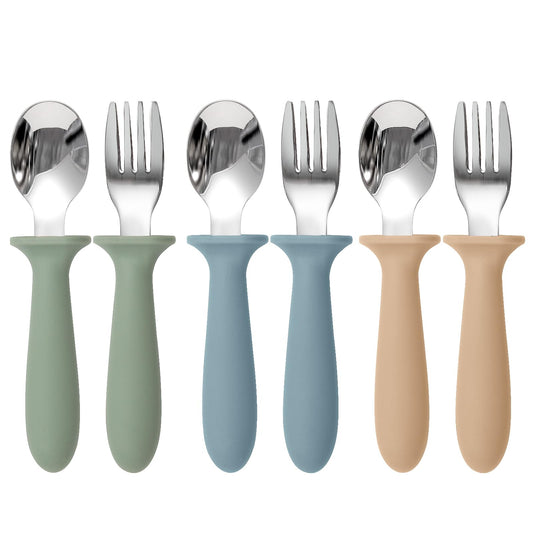 Toddler Utensils, 6 Pack kids Silverware Set with Silicone Handle, 18/8 Stainless Steel Children Safe Forks and Spoons, Dishwasher Safe