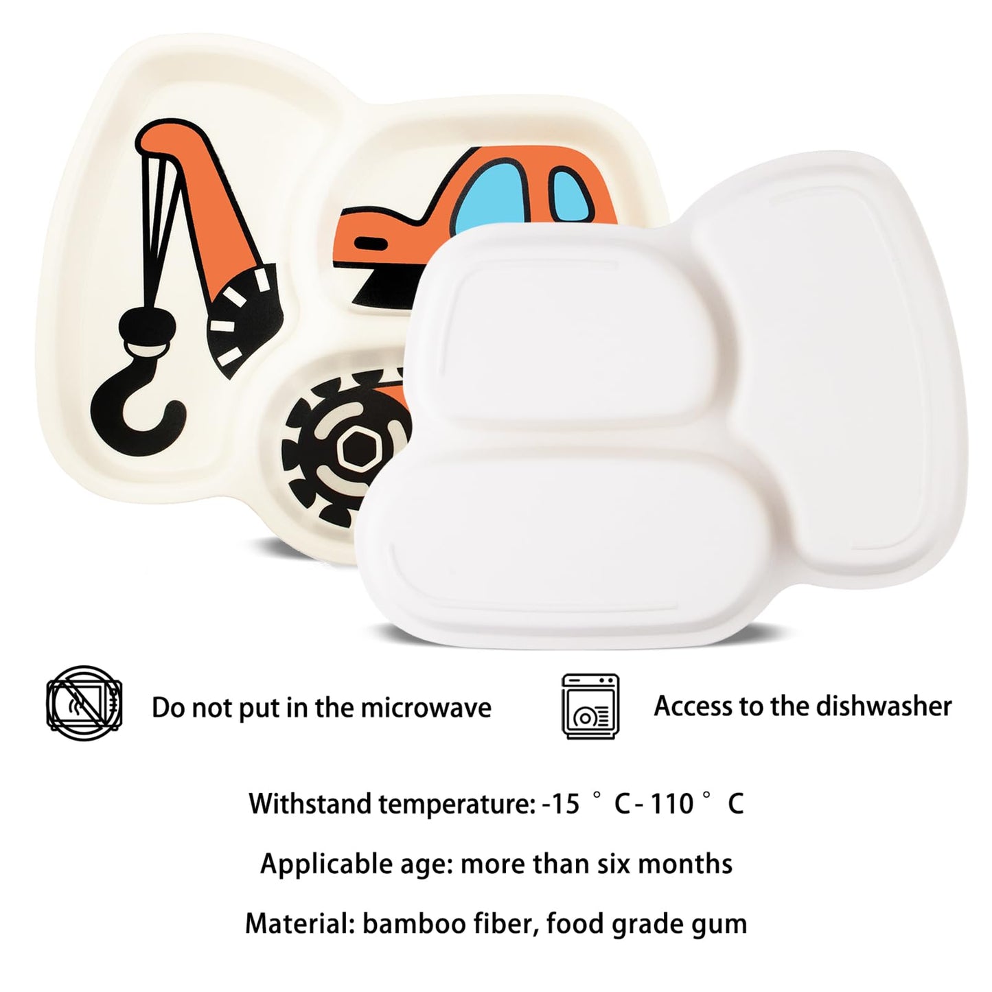 Kids Plate Set, Included Fork and Spoon 3-Piece Set - Toddler Dinnerware Dinner Dish Set - Baby Feeding Divided Plate - Child Portion Control Dish Tray (Excavators)