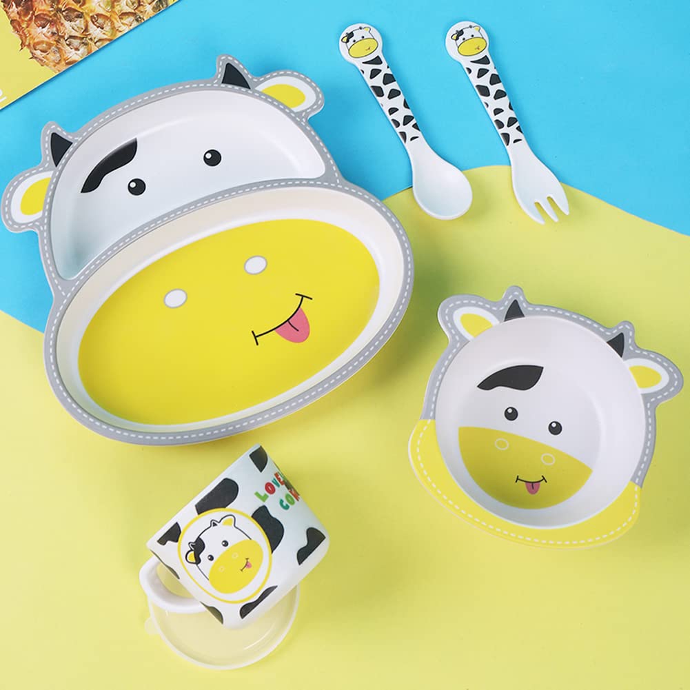 Bamboo Kids Dinnerware Set 5 Pcs Includes Plate Bowl Cup Fork Spoon Perfect for Kids BPA-Free (Little Dinosaur)