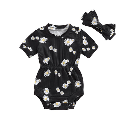 Baby Girl Summer Clothes Ribbed Short Sleeve Romper Solid Color Bodysuits Bow Headband Outfit Newborn Girl Jumpsuit