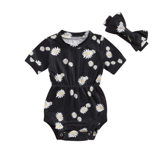 Baby Girl Summer Clothes Ribbed Short Sleeve Romper Solid Color Bodysuits Bow Headband Outfit Newborn Girl Jumpsuit