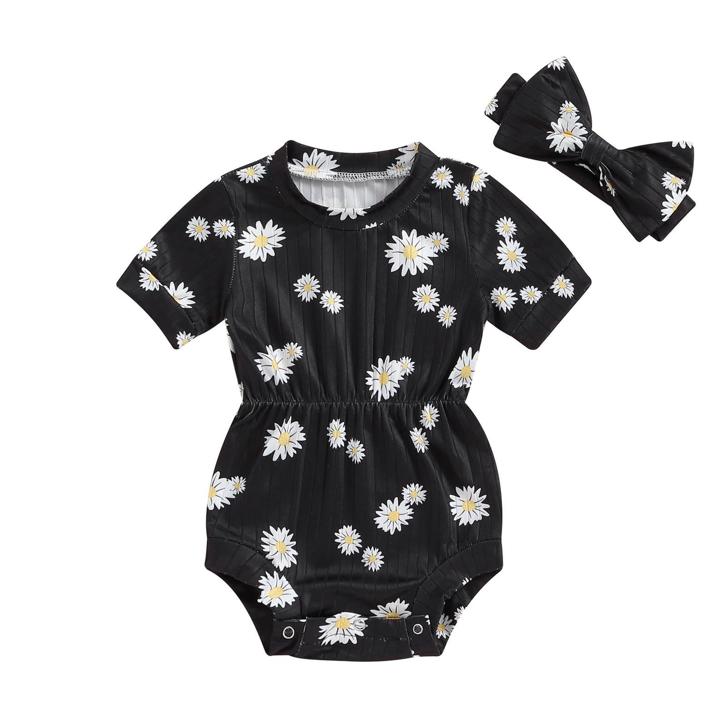 Baby Girl Summer Clothes Ribbed Short Sleeve Romper Solid Color Bodysuits Bow Headband Outfit Newborn Girl Jumpsuit