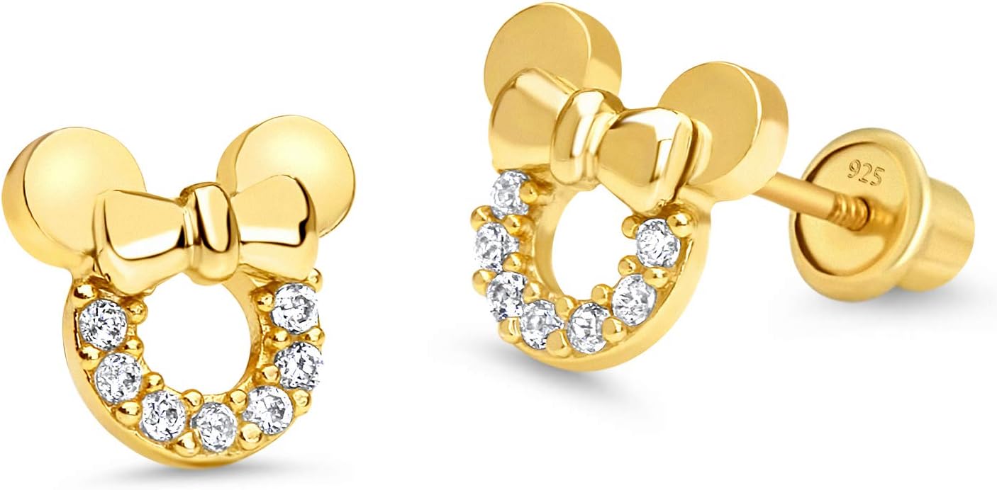 14k Gold Plated Brass Mouse Cubic Zirconia Screwback Baby Girls Earrings with Sterling Silver Post