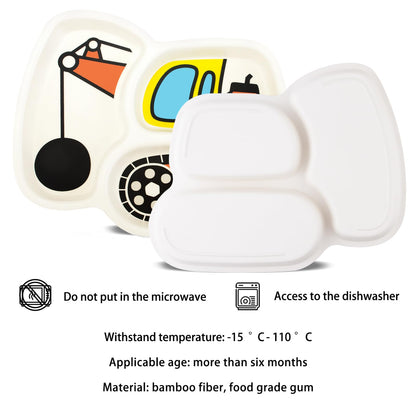 Kids Plate Set, Included Fork and Spoon 3-Piece Set - Toddler Dinnerware Dinner Dish Set - Baby Feeding Divided Plate - Child Portion Control Dish Tray (Excavators)