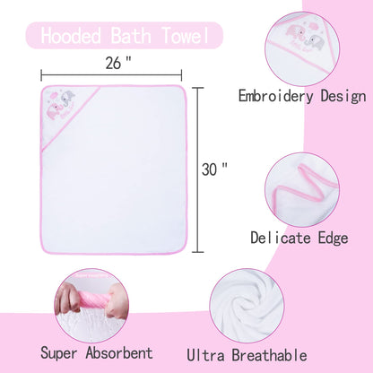 Viviland Baby Towels and Baby Wash Cloths Set Hooded Baby Towels Baby Wipes Absorbent Bath Face Towels Burp Cloths or Face Towels for Girl Boy 6-Pack Size 28 x 28 Inch(Elephant Flower)