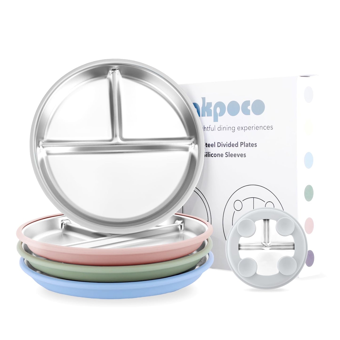 Stainless Steel Baby Plate with Suction, 9” Divided Toddler Plates with Removable Silicone Sleeves for Kids, Non-Toxic Non-Slip Unbreakable Dishwasher Safe Dinnerware Set of 2, Pink & Beige