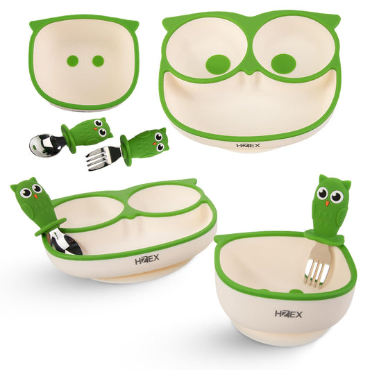 Owls Led Weaning Supplies, Toddler Silicone Feeding Set, Silicone Suction Bowls for Self Feeding, 2 Bowls, Spoon and Fork, Baby Feed Flatware and Dishwasher Safe (Green)