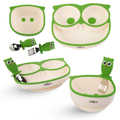 Owls Led Weaning Supplies, Toddler Silicone Feeding Set, Silicone Suction Bowls for Self Feeding, 2 Bowls, Spoon and Fork, Baby Feed Flatware and Dishwasher Safe (Green)