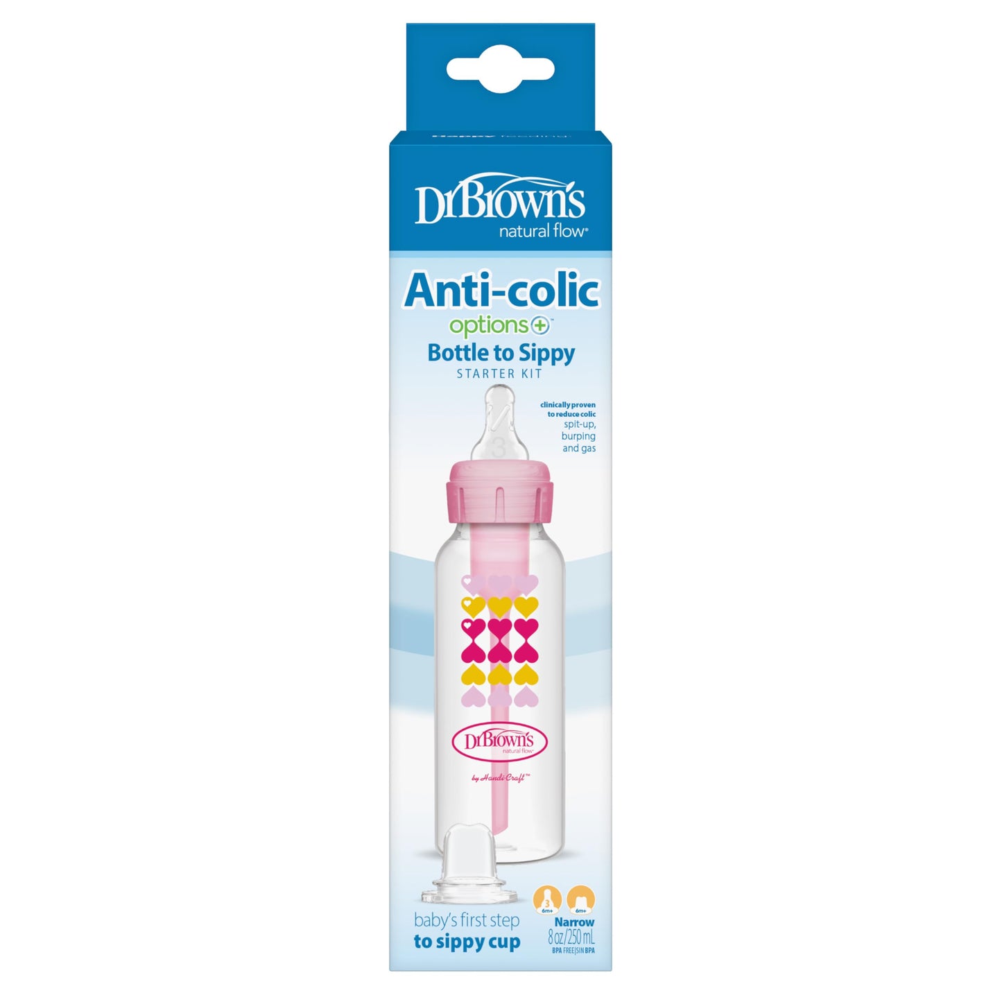 Dr. Brown's Anti-Colic Options+ Narrow Sippy Bottle Starter Kit, 8oz/250mL, with Level 3 Medium-Fast Flow Nipple and Soft 100% Silicone Sippy Spout, Pink, BPA Free, 6m+