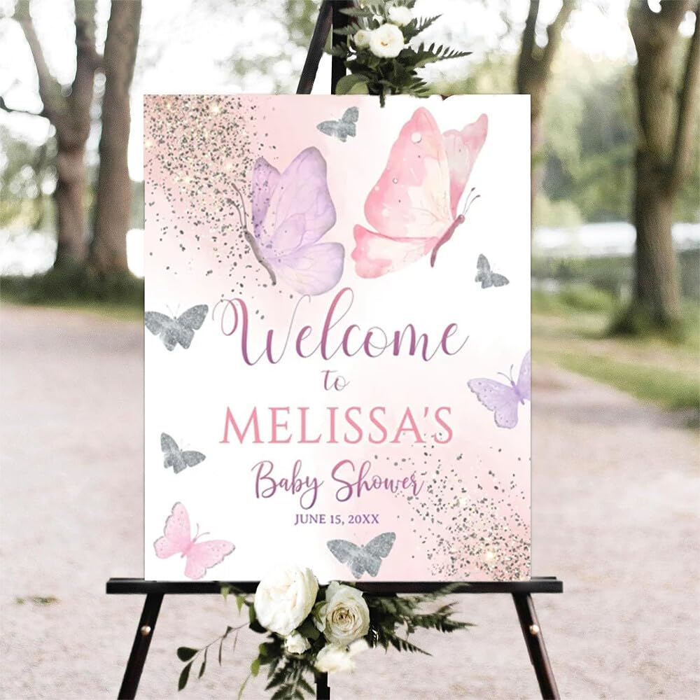 Printable Sign, Butterfly Baby Shower Welcome Sign, 12 x 18 inches to 24 x 36 inches, Corrugated Plastic, Romantic Style