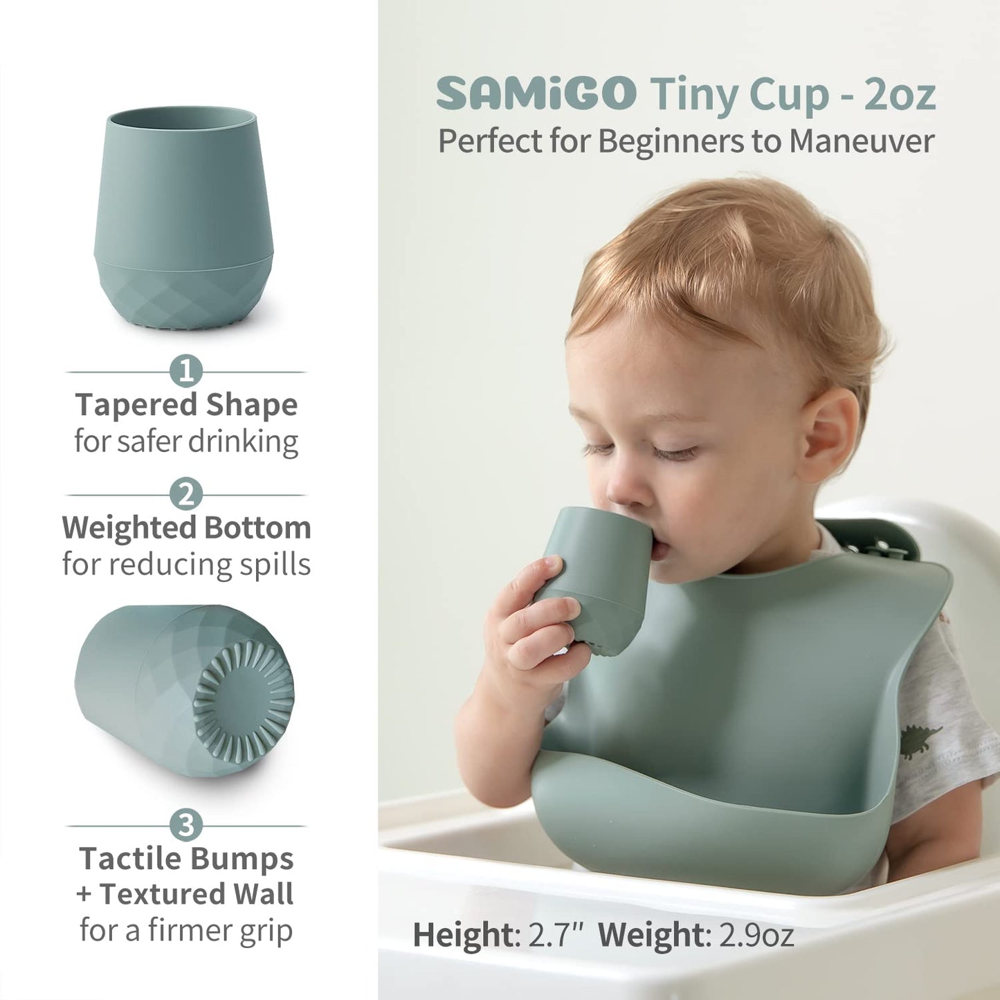 SAMiGO Silicone Baby Utensils - Self Feeding Spoons and Tiny Training Cup - First Stage Baby Led Weaning Supplies for 6 Months+ Infants - Set of 3