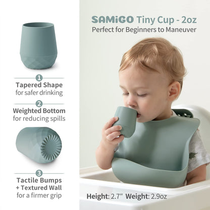 SAMiGO Silicone Baby Utensils - Self Feeding Spoons and Tiny Training Cup - First Stage Baby Led Weaning Supplies for 6 Months+ Infants - Set of 3