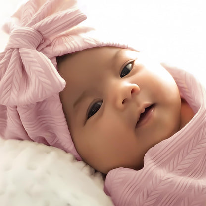 Jastore Baby Infant Swaddle Blankets for Girls 3PCS Newborn Accessories Set with Matching Hat and Bow Headband (Pale Pink, 33"*35")