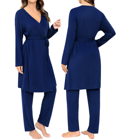 SWOMOG Maternity Nursing Robe Set 3 Piece Breastfeeding Pajamas 3 in 1 Labor Delivery Sleevless Tops&Long Pants Pregnancy Pjs