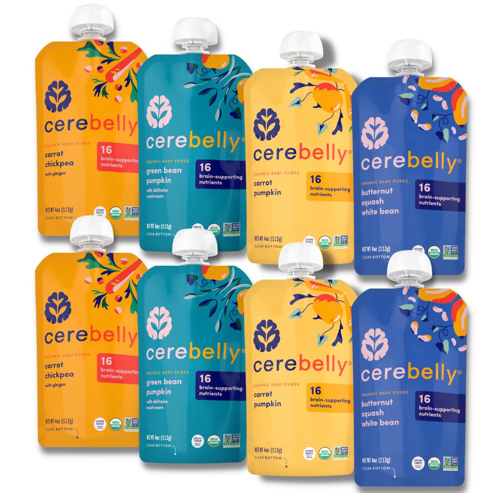 Cerebelly Organic Baby Food Pouches Variety Pack – Organic Veggie Purees for Toddlers | No Added Sugar, Fiber, Non-GMO | Blended Toddler Pouches | 4 Ounce BPA-Free Pouch | 4 Flavors | 8 Count