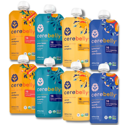 Cerebelly Organic Baby Food Pouches Variety Pack – Organic Veggie Purees for Toddlers | No Added Sugar, Fiber, Non-GMO | Blended Toddler Pouches | 4 Ounce BPA-Free Pouch | 4 Flavors | 8 Count