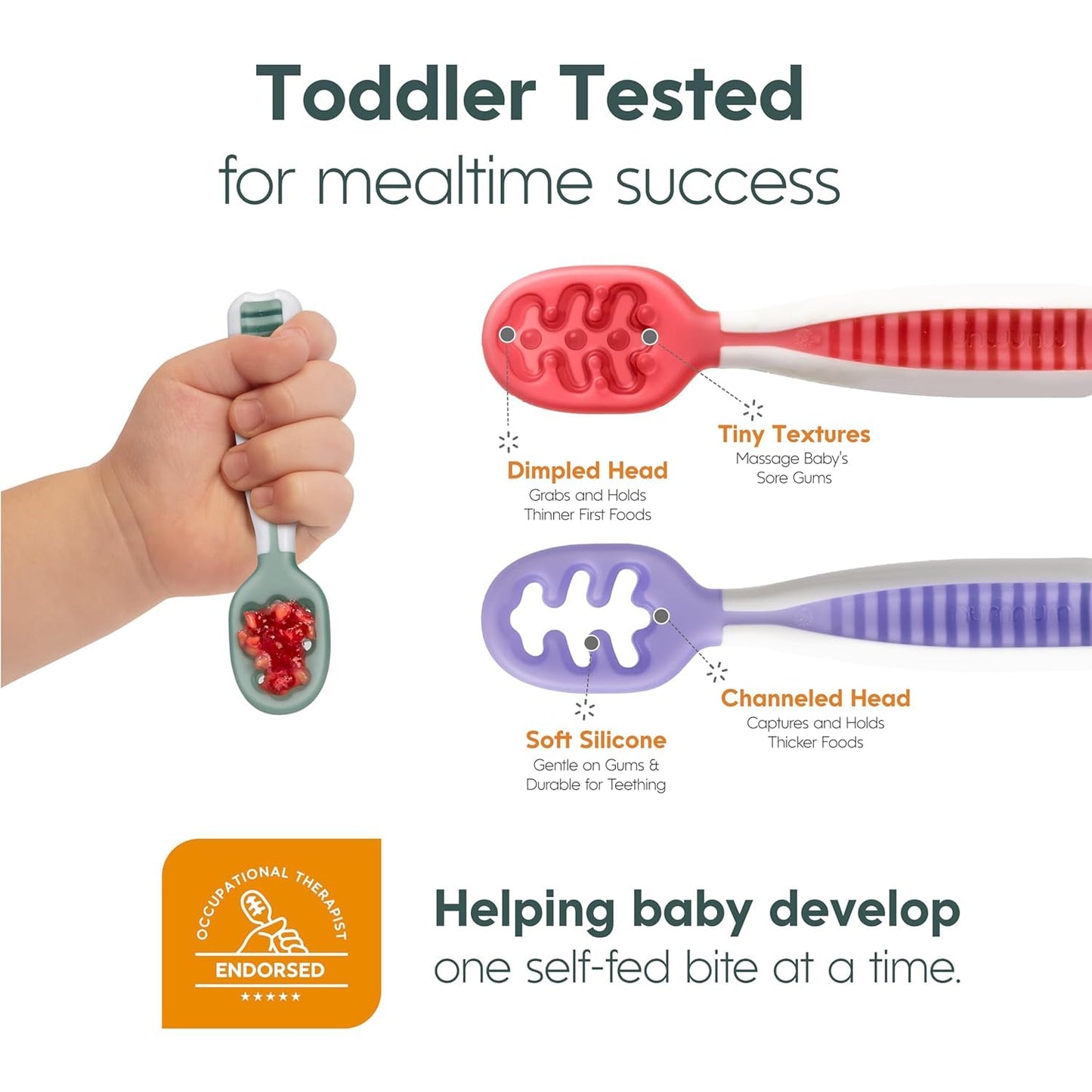 NumNum Baby Spoons Set, Baby Essentials Pre-Spoon GOOtensils for 6+ Months, First Stage Self-Feeding Spoons for Baby Led Weaning (BLW), Silicone Toddler Utensils, BPA-Free, 2 Pack Frosty Lilac/Rosebud
