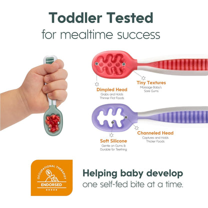 NumNum Baby Spoons Set, Baby Essentials Pre-Spoon GOOtensils for 6+ Months, First Stage Self-Feeding Spoons for Baby Led Weaning (BLW), Silicone Toddler Utensils, BPA-Free, 2 Pack Frosty Lilac/Rosebud