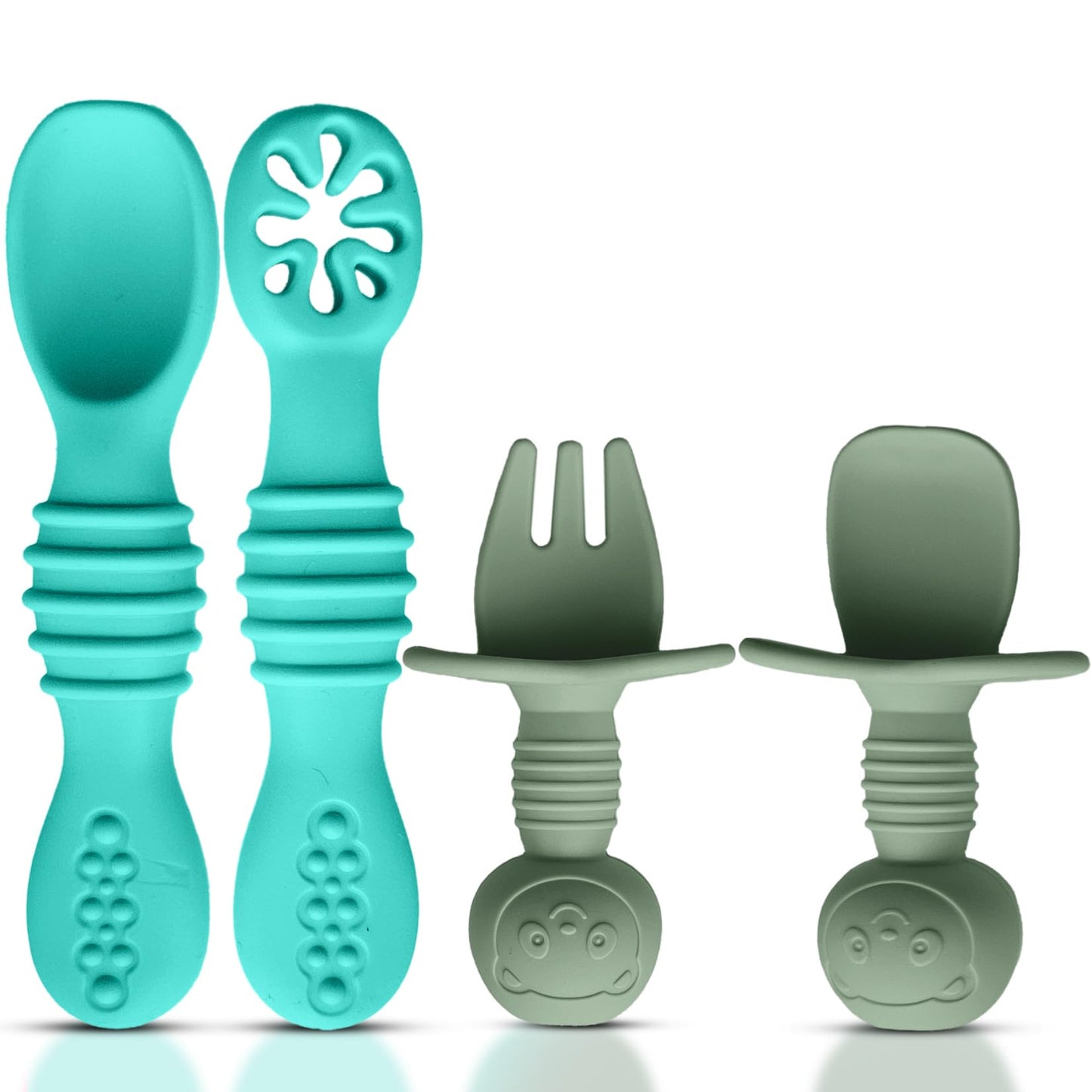 4pc Silicone Baby Spoons Self Feeding Baby Utensils 6-12 Months - 3 Baby Spoon - 1 Baby Fork - Toddler Cutlery Set - BPA Free, Dishwasher Safe, Baby Eating Essentials (Light pink/Army Green)