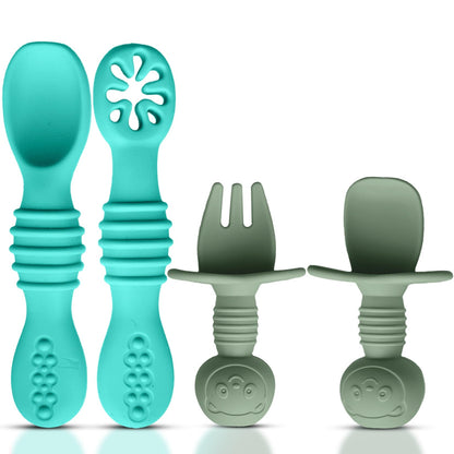 4pc Silicone Baby Spoons Self Feeding Baby Utensils 6-12 Months - 3 Baby Spoon - 1 Baby Fork - Toddler Cutlery Set - BPA Free, Dishwasher Safe, Baby Eating Essentials (Light pink/Army Green)