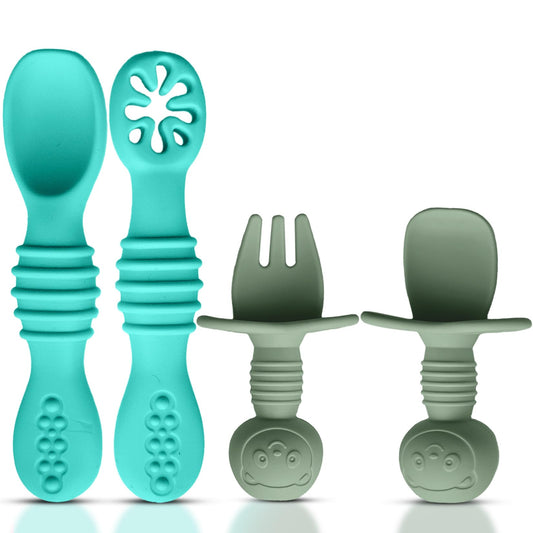 4pc Silicone Baby Spoons Self Feeding Baby Utensils 6-12 Months - 3 Baby Spoon - 1 Baby Fork - Toddler Cutlery Set - BPA Free, Dishwasher Safe, Baby Eating Essentials (Light pink/Army Green)