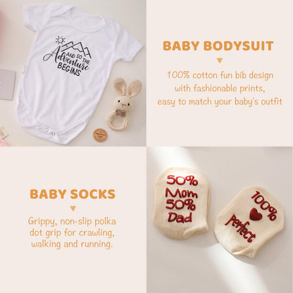 Bopoobo Baby Shower Gifts for Boys - New Born Gifts, Unique Essentials: Onesie, Blanket, Rattle, Lovey, Socks, Decision Coins, Milestone