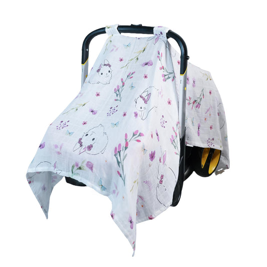 100% Muslin Summer Baby Car Seat Cover, Universal Fit Infant Car Seat Canopy, Breathable & Lightweight Sun, Weather Protection for Boys & Girls