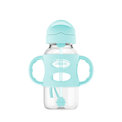 Dr. Brown's Milestones Wide-Neck Sippy Straw Bottle with 100% Silicone Handles and Weighted Straw, 9 oz/270 mL, Gray & Pink, 6m+, 2 Count (Pack of 1)