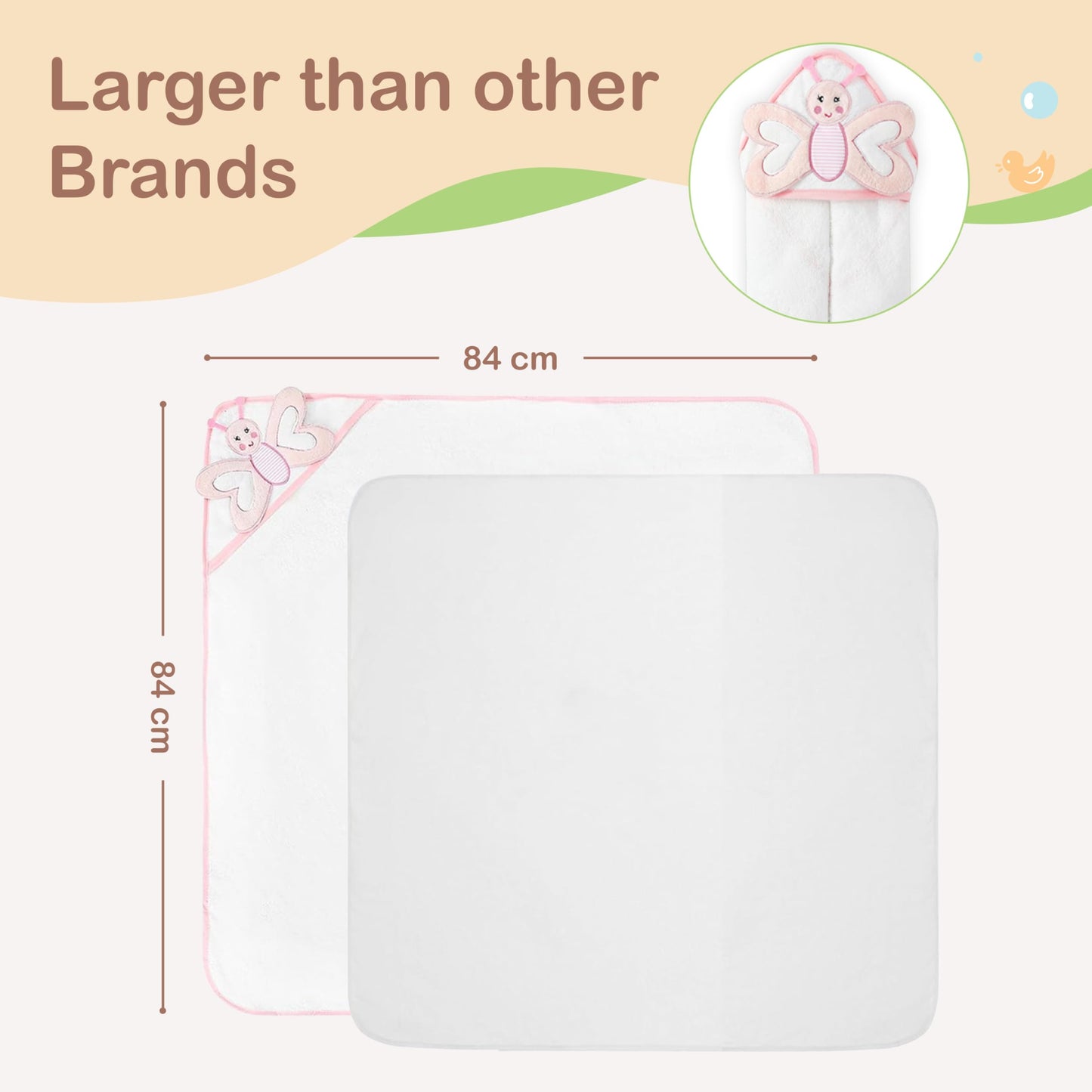 Mother's Choice Baby Hooded Towel - Large 33x33 Inch, 100% Cotton, Ultra-Soft & Absorbent Bath Towel for Newborns, Infants, Boys & Girls (Butterfly)