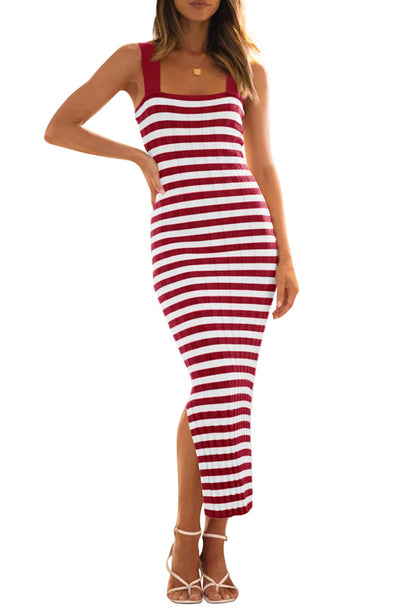 MEROKEETY Women's 2025 Summer Spring Bodycon Midi Dress Vacation Sleeveless Ribbed Knit Striped Party Sweater Dresses