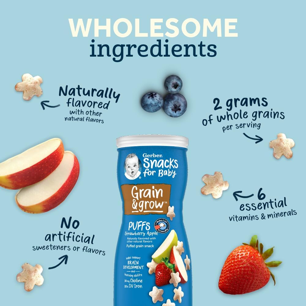 Gerber Baby Snacks, Baby Food, Puffs, Strawberry Apple, 1.48 Ounce