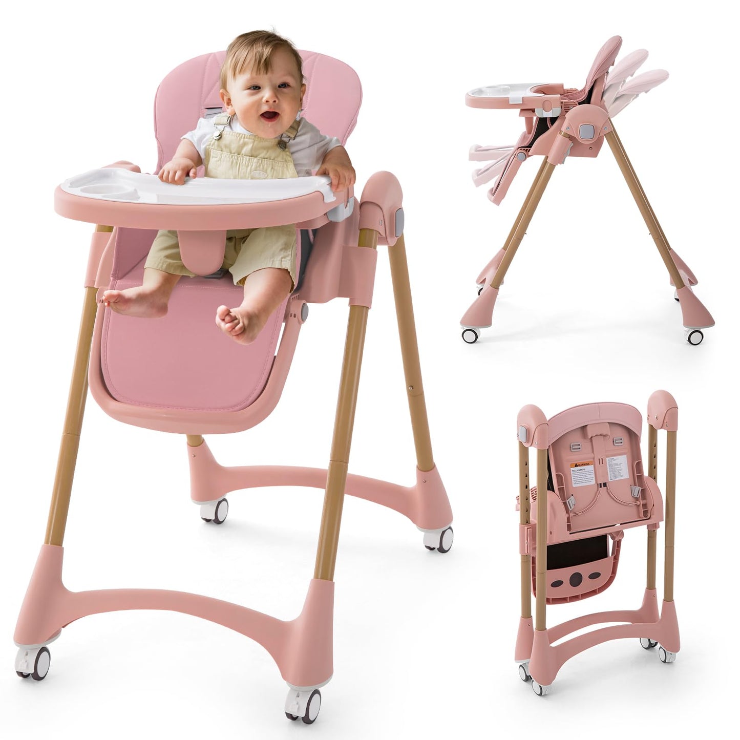 Portable High Chairs for Babies and Toddlers, 3-in-1 Foldable High Chair, Adjustable Height & Recline Baby Feeding Chair with Removable Tray, Adjustable Backrest, Pedal & Lockable Wheels Pink