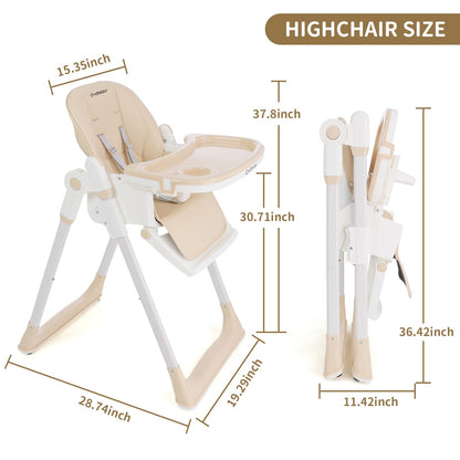 3-in-1 Foldable High Chair for Babies & Toddlers – Adjustable Height, Reclining Seat, 5-Point Safety Harness, Removable Tray, Lockable Wheels and Washable Cushion, Beige