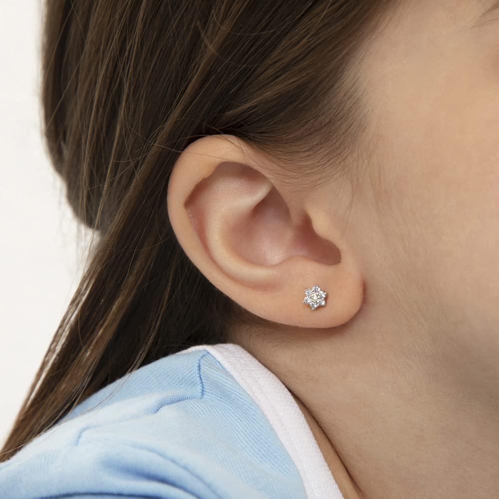 925 Sterling Silver Kids Earrings with 5mm Flower & Screw Backs for Young Girls - Dainty CZ Flower Screw Backs for Toddlers and Little Girls - Cubic Zirconia Floral Studs for Children