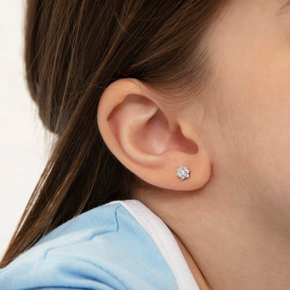 925 Sterling Silver Kids Earrings with 5mm Flower & Screw Backs for Young Girls - Dainty CZ Flower Screw Backs for Toddlers and Little Girls - Cubic Zirconia Floral Studs for Children