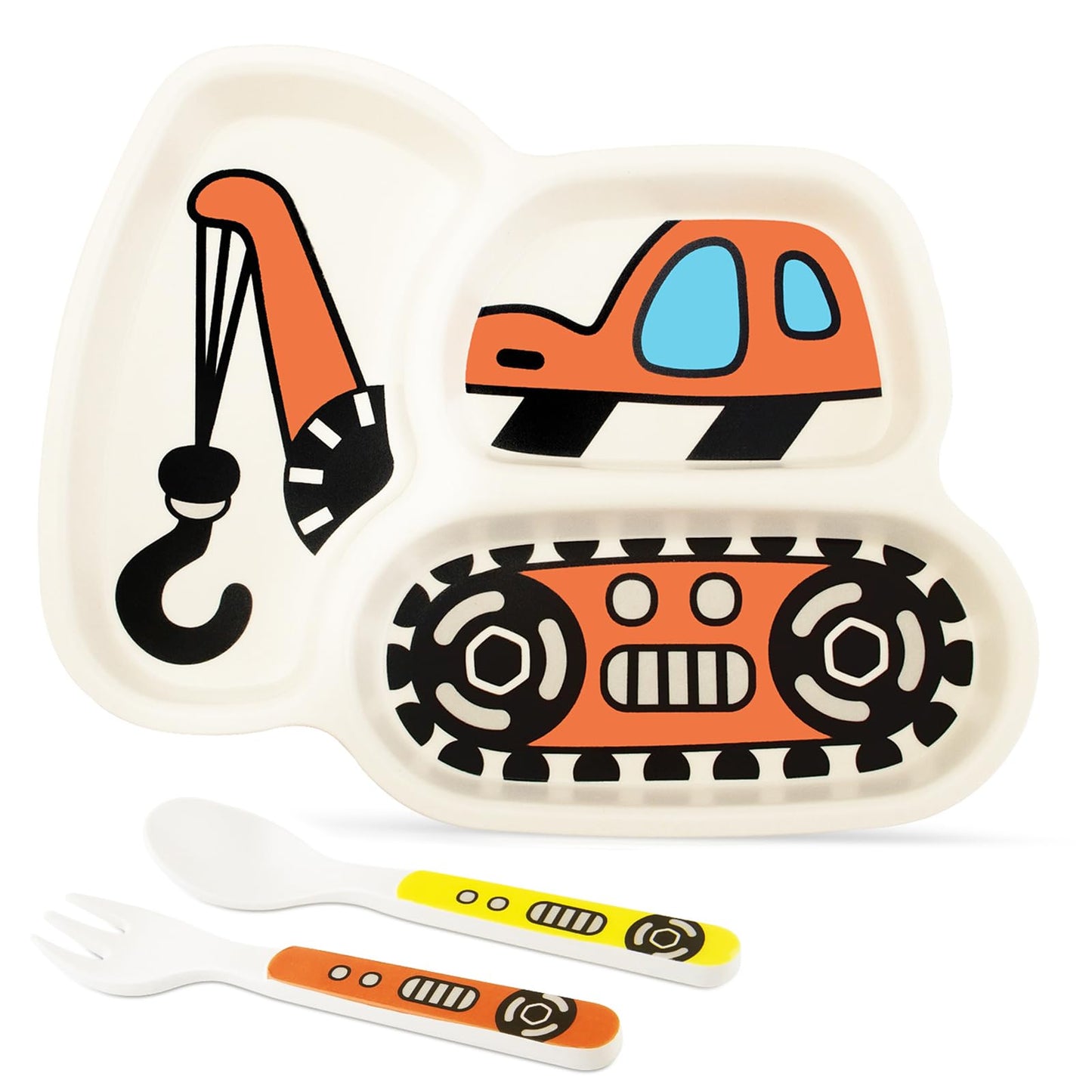 Kids Plate Set, Included Fork and Spoon 3-Piece Set - Toddler Dinnerware Dinner Dish Set - Baby Feeding Divided Plate - Child Portion Control Dish Tray (Excavators)
