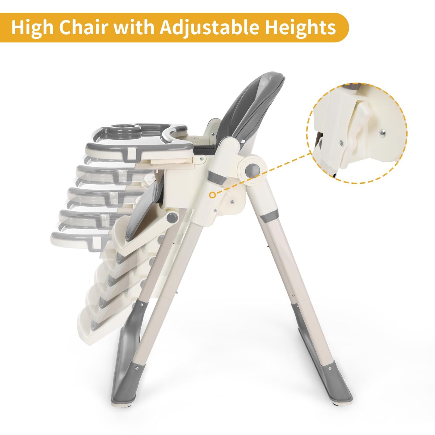 3-in-1 Foldable High Chair for Babies & Toddlers – Adjustable Height, Reclining Seat, 5-Point Safety Harness, Removable Tray, Lockable Wheels and Washable Cushion, Beige