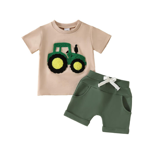 Toddler Baby Boy Summer Clothes Embroidered Farm Tractor Shirt and Short Set 2-Piece Outfits for Boys
