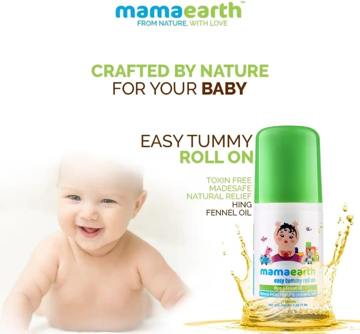 Mamaearth Easy Baby Tummy Roll On for Digestion & Colic Relief with Hing & Fennel | Natural Gas Relief Belly Rub for Delicate Skin of Babies | 40ml/1.35 Fl Oz