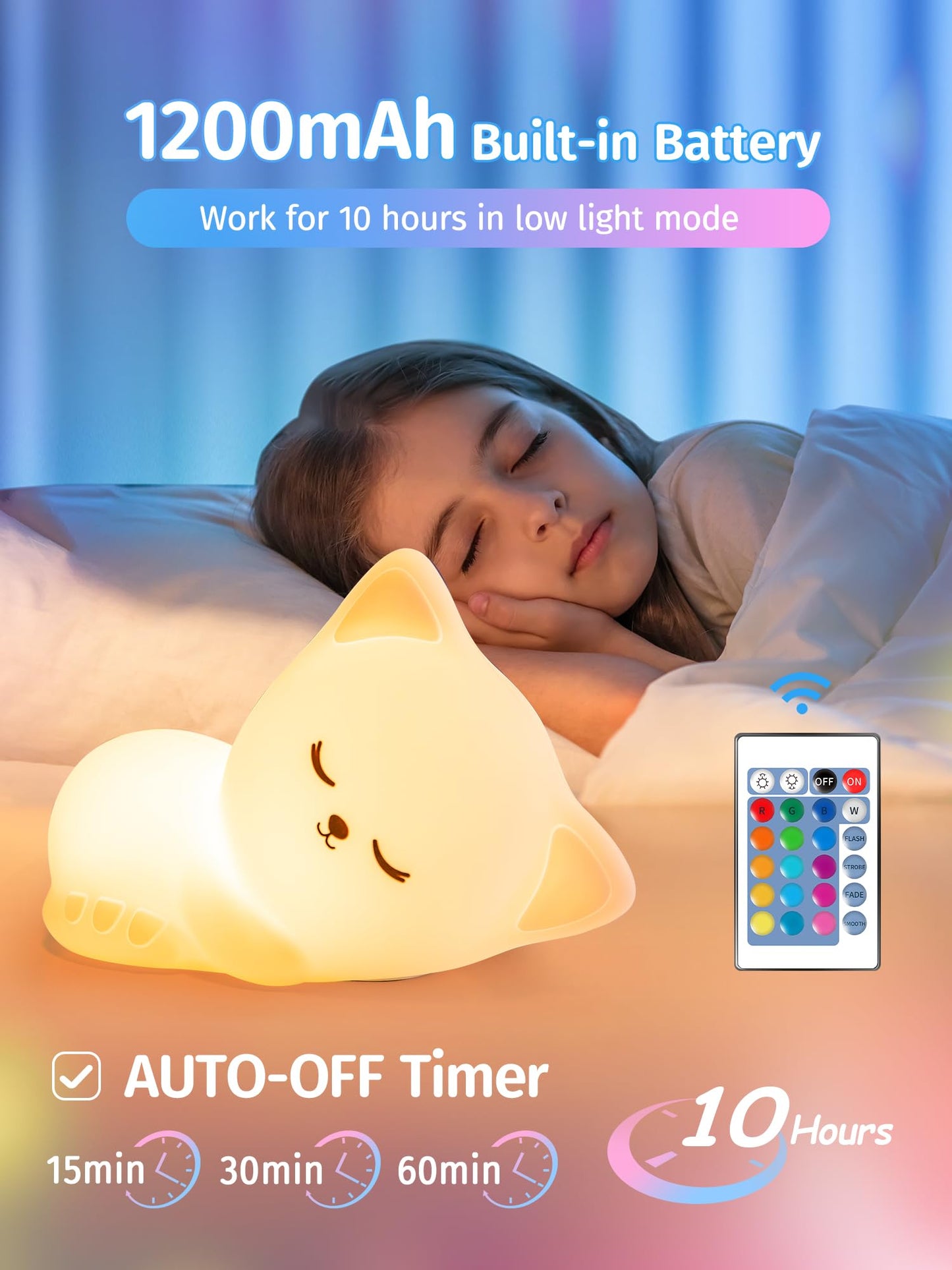 Mubarek Night Light for Kids, 16 Colors Dimmable Kids Night Light lamp, Remote Silicone Night Light for Baby Nursery, Rechargeable Cute Lamp Cat Lamp,Timer Toddler Night Light,Nightlight for Kids Room