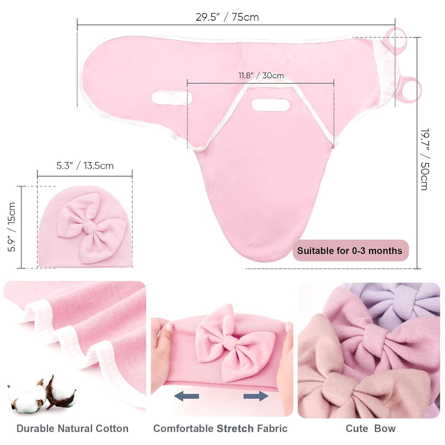 DRESHOW BQUBO 3 Pack Baby Swaddle Sleep Sacks Baby Swaddling Blanket Wrap Newborn Swaddle Sack with Big Bow Hat for Boys Girls 6-12 Lbs Newborns & 0-3 Months Girls Boys
