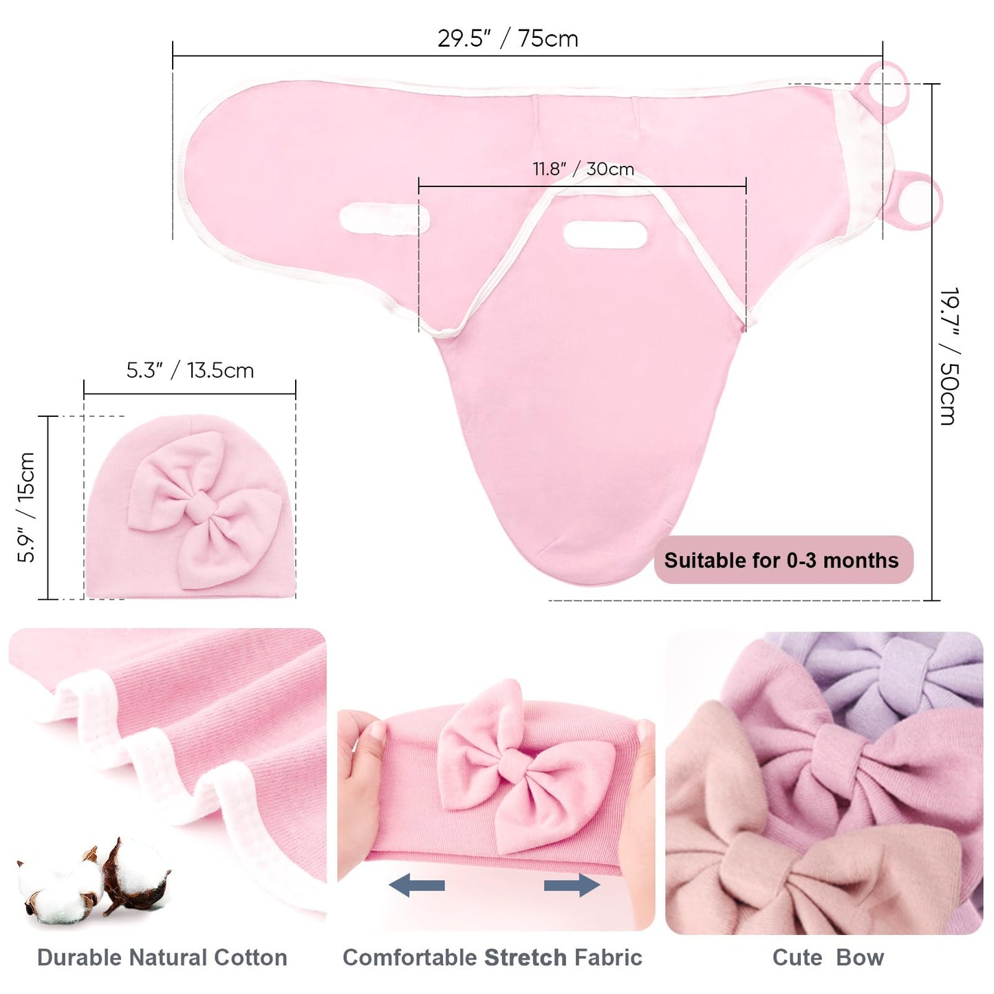 DRESHOW BQUBO 3 Pack Baby Swaddle Sleep Sacks Baby Swaddling Blanket Wrap Newborn Swaddle Sack with Big Bow Hat for Boys Girls 6-12 Lbs Newborns & 0-3 Months Girls Boys