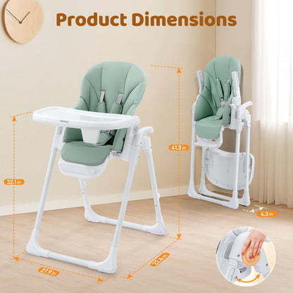 Ezebaby Foldable Baby High Chair – Portable High Chairs for Babies & Toddlers, Adjustable Height & Recline, 5-Point Harness, Removable Tray Baby Feeding Highchair