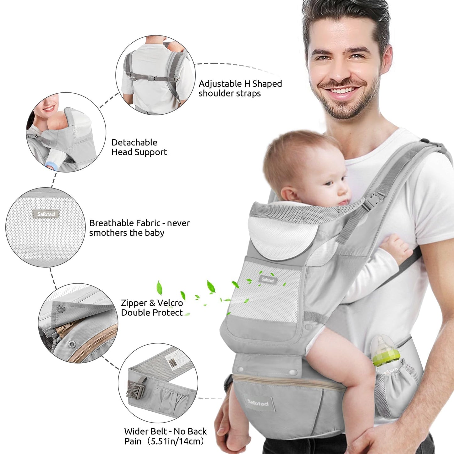 Baby Carrier with Hip Seat,Ergonomic M Position 6in1 Baby Carrier Newborn to Toddler,Head Support and Breathable Mesh Newborn Carrier,Adjustable Baby Holder Carrier for Dad&Mom-Grey