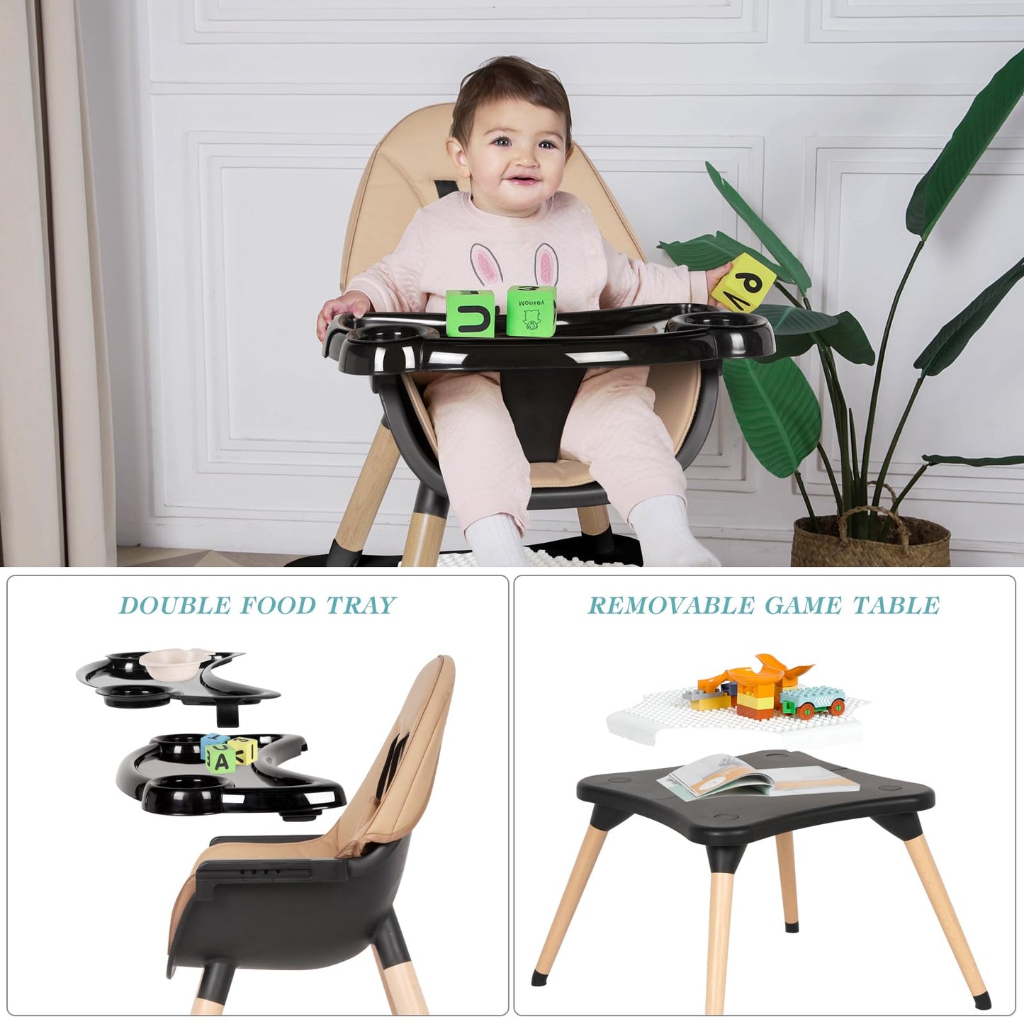 High Chair for Babies & Toddlers, Convertible Wooden 6 in 1 Baby Highchair, Table and Chair Set, Building Block Table, 5-Point Adjustable Seat Belts, 4-Position Removable Tray& PU Seat Cushion (Black)