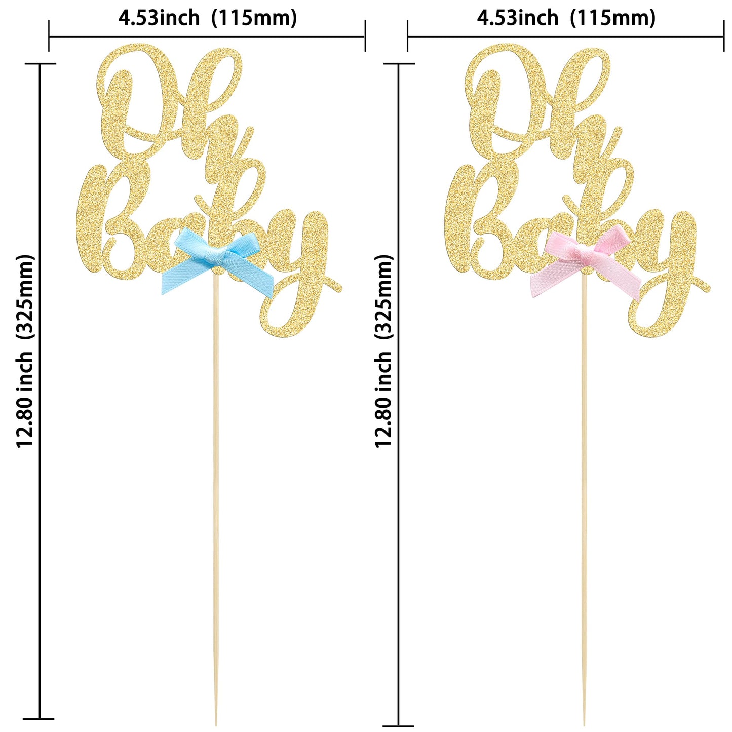 Gyufise 12Pcs Oh Baby Centerpiece Sticks Double Sided Blue Pink Bow Glitter Baby Shower Cupcake Picks Gender Reveal Table Flower Centerpieces for Baby Shower Birthday Party Supplies Gold